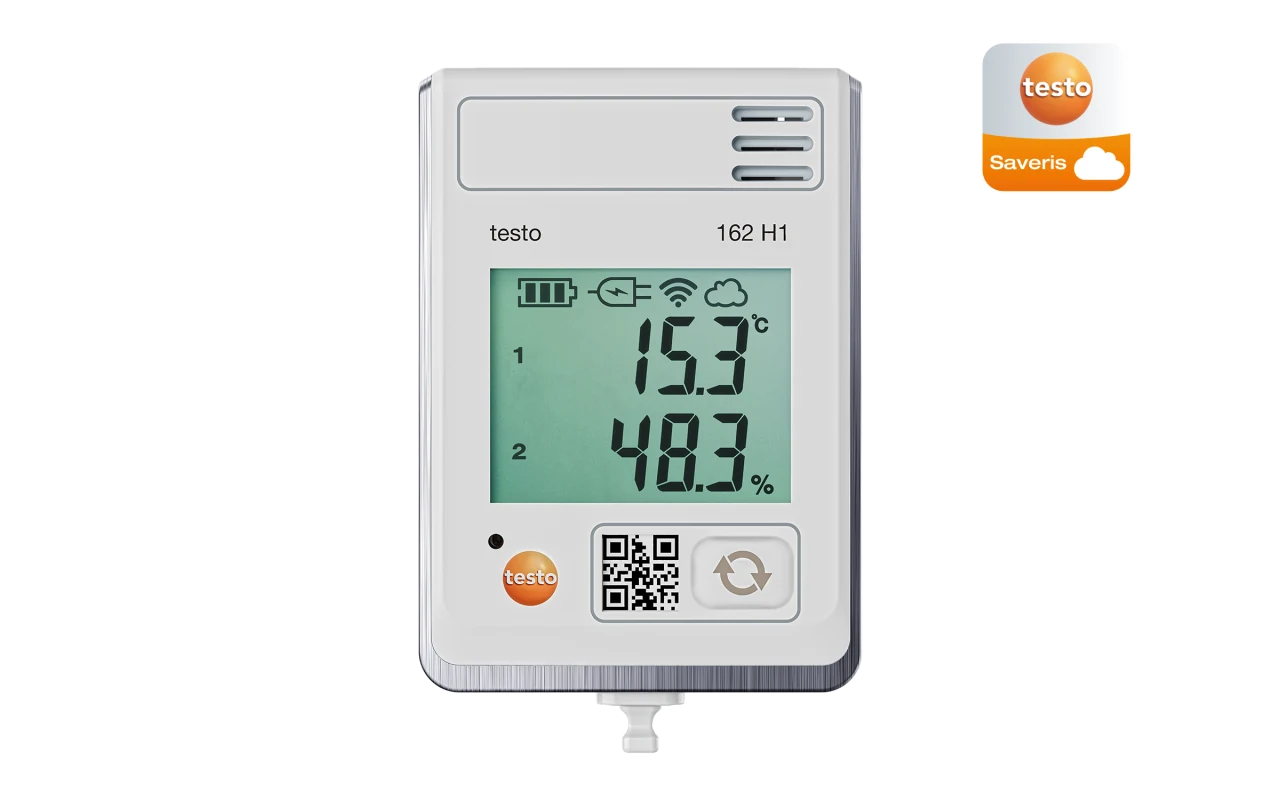 testo 162 H1, Easy-to-use climate logger with display for monitoring temperature and air humidity with integrated sensor.
