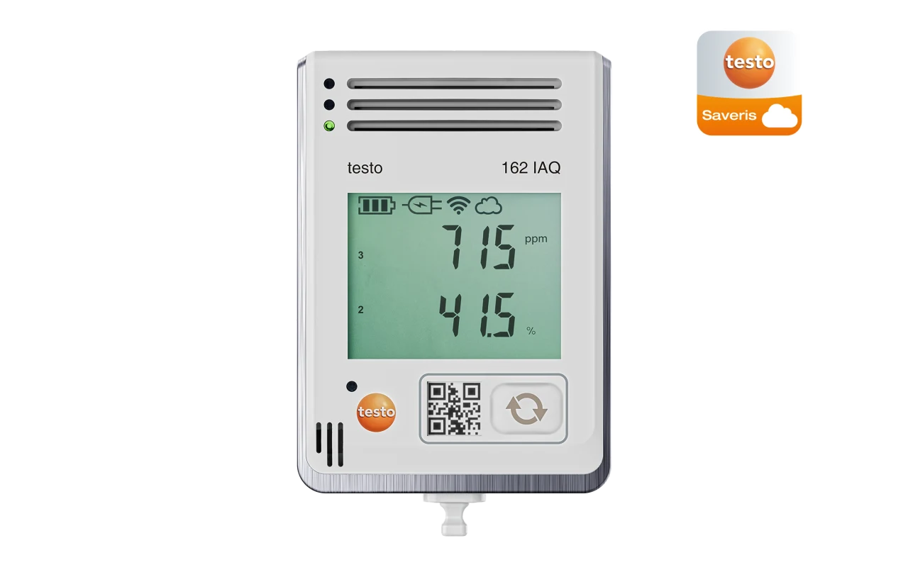 testo 162 IAQ, Easy-to-use climate logger with display for monitoring temperature, humidity, CO2 and atmospheric pressure with an integrated sensor.