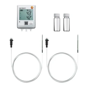 testo Saveris 2-T2; WiFi data logger (wireless LAN) with display for measuring the temperature, two connections for external NTC temperature probes or door contacts, incl. two ribbon-cable temperature probes, two temperature simulation flasks for filling with a temperature buffer suitable for each respective area of application