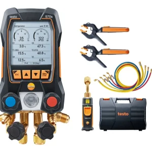 testo 570s Smart Vacuum Kit with filling hoses - Smart digital manifold with wireless vacuum and clamp temperature probes and 4-piece hose filling set