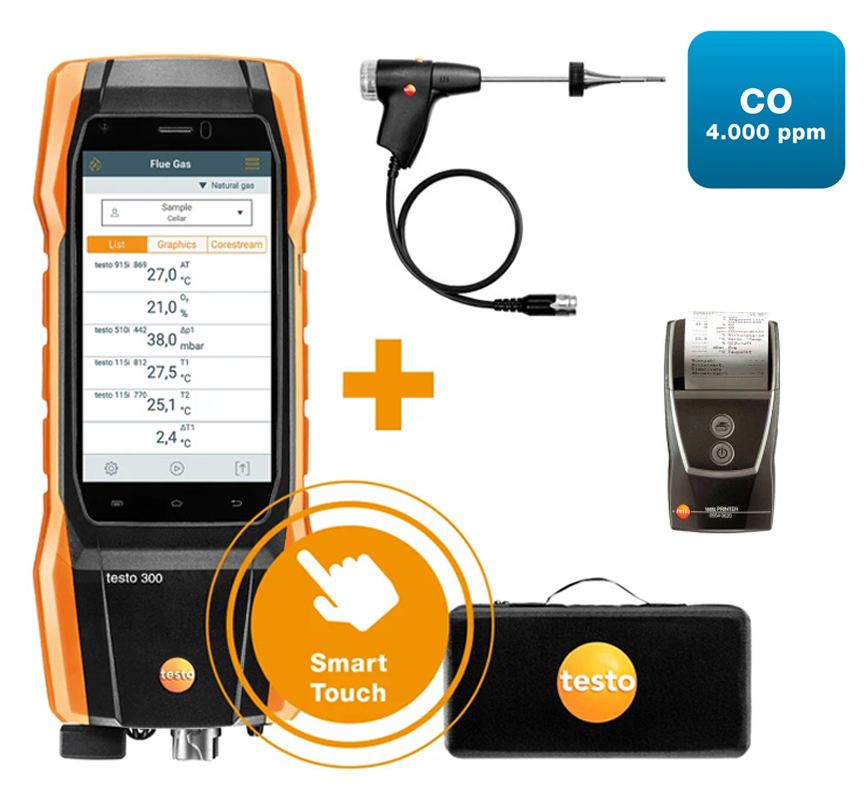 Testo 300 Next Level Kit 2 with Printer - Flue Gas Analyzer (O2, CO up to 4,000 ppm)