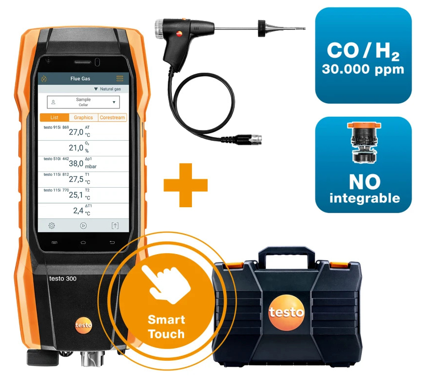 Testo 300 Next Level Longlife Kit 2 - Flue Gas Analyzer (O2, CO H2-compensated up to 30,000 ppm, NO - can be retrofitted)
